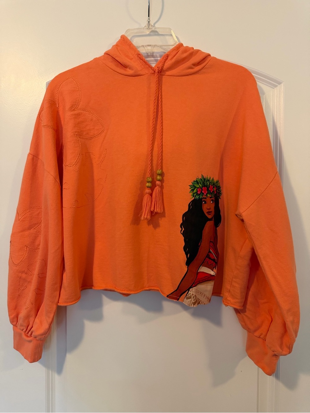 Orange Disney Crop Hoodie with Tropical Flowers & Moana Graphic